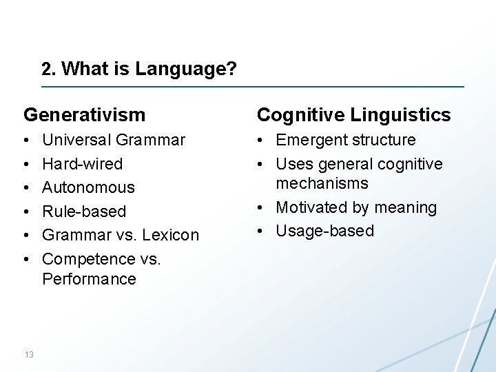 2. What is Language? Generativism Cognitive Linguistics • • Emergent structure • Uses general