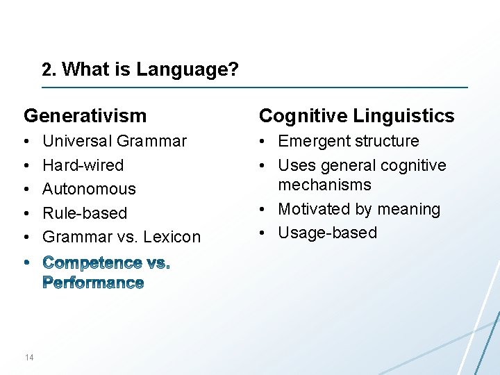2. What is Language? Generativism Cognitive Linguistics • • • Emergent structure • Uses