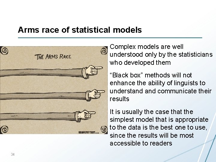 Arms race of statistical models Complex models are well understood only by the statisticians