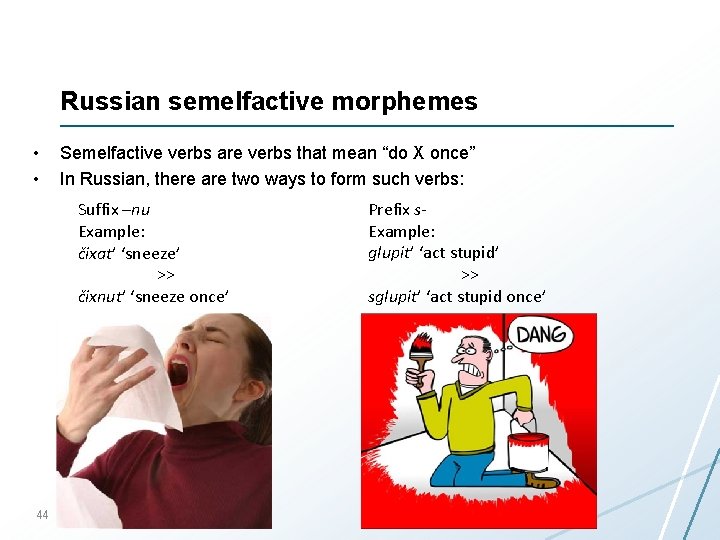Russian semelfactive morphemes • • Semelfactive verbs are verbs that mean “do X once”