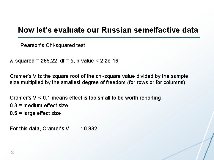 Now let’s evaluate our Russian semelfactive data Pearson's Chi-squared test X-squared = 269. 22,