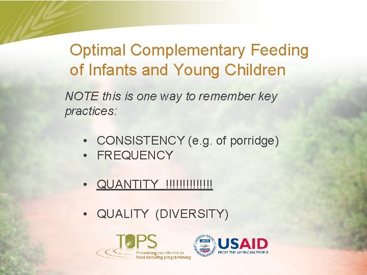 Optimal Complementary Feeding of Infants and Young Children NOTE this is one way to