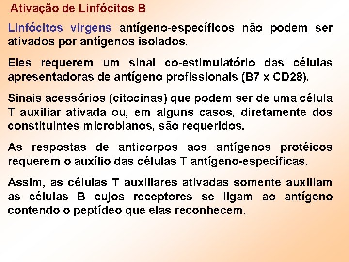 Ativação de Linfócitos B Linfócitos virgens antígeno-específicos não podem ser ativados por antígenos isolados.