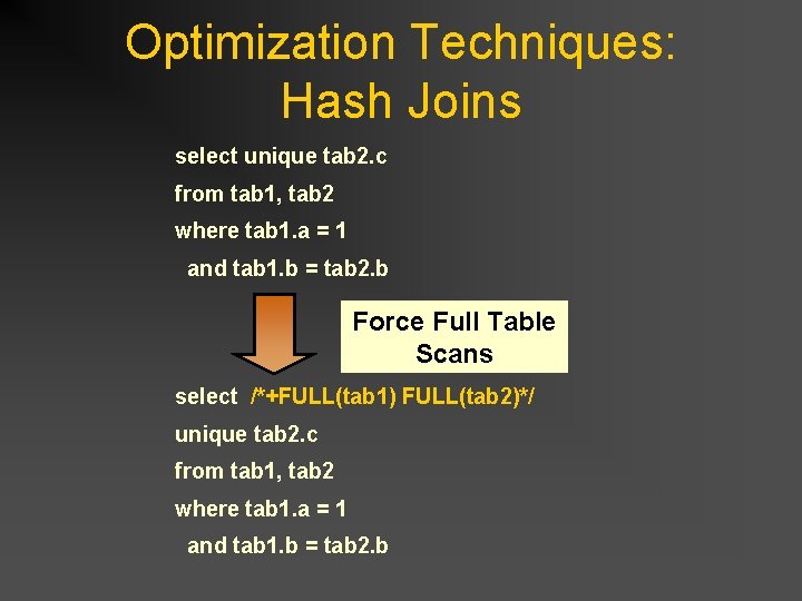 Optimization Techniques: Hash Joins select unique tab 2. c from tab 1, tab 2 Optimization Techniques: Hash Joins select unique tab 2. c from tab 1, tab 2