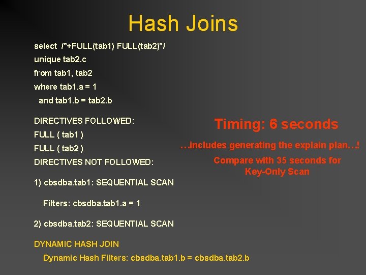 Hash Joins select /*+FULL(tab 1) FULL(tab 2)*/ unique tab 2. c from tab 1, Hash Joins select /*+FULL(tab 1) FULL(tab 2)*/ unique tab 2. c from tab 1,
