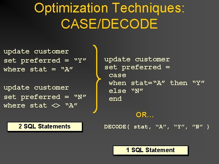 Optimization Techniques: CASE/DECODE update customer set preferred = “Y” where stat = “A” update Optimization Techniques: CASE/DECODE update customer set preferred = “Y” where stat = “A” update
