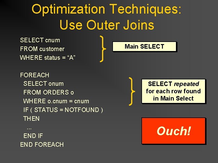 Optimization Techniques: Use Outer Joins SELECT cnum FROM customer WHERE status = “A” FOREACH Optimization Techniques: Use Outer Joins SELECT cnum FROM customer WHERE status = “A” FOREACH