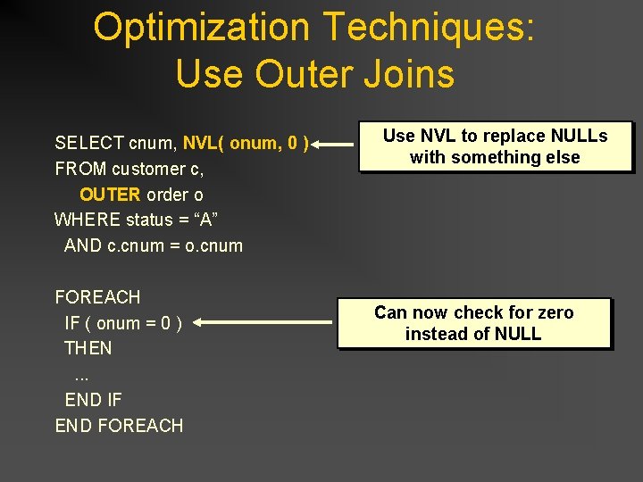 Optimization Techniques: Use Outer Joins SELECT cnum, NVL( onum, 0 ) FROM customer c, Optimization Techniques: Use Outer Joins SELECT cnum, NVL( onum, 0 ) FROM customer c,