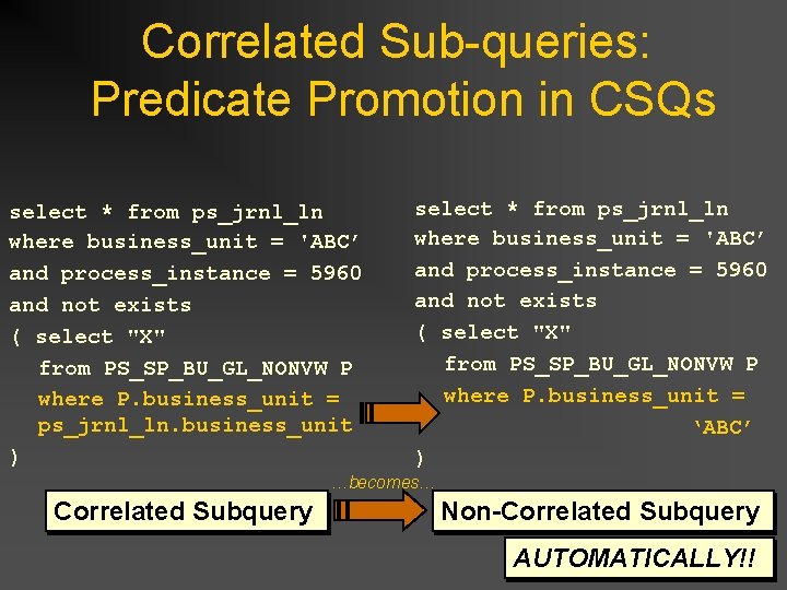Correlated Sub-queries: Predicate Promotion in CSQs select * from ps_jrnl_ln where business_unit = 'ABC’ Correlated Sub-queries: Predicate Promotion in CSQs select * from ps_jrnl_ln where business_unit = 'ABC’