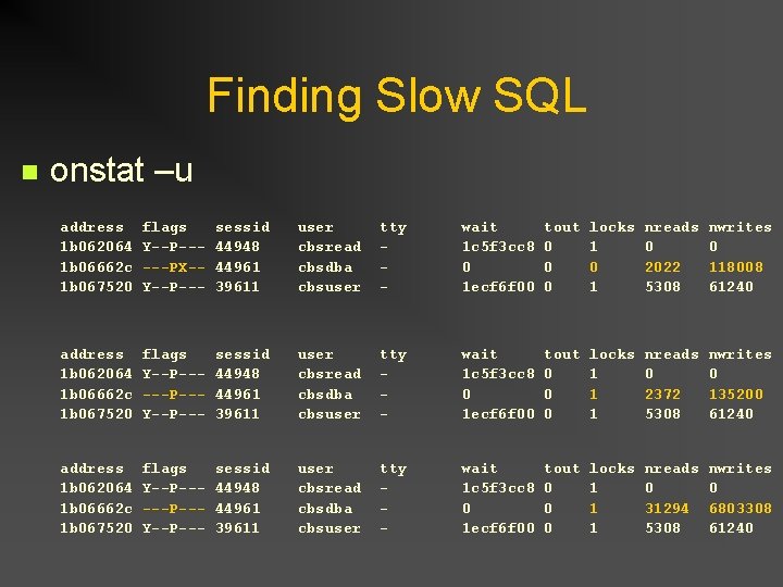 Finding Slow SQL n onstat –u address flags sessid user tty wait tout locks Finding Slow SQL n onstat –u address flags sessid user tty wait tout locks
