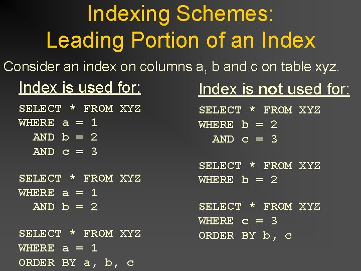 Indexing Schemes: Leading Portion of an Index Consider an index on columns a, b Indexing Schemes: Leading Portion of an Index Consider an index on columns a, b