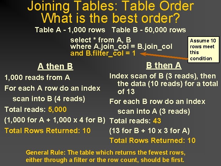 Joining Tables: Table Order What is the best order? Table A - 1, 000 Joining Tables: Table Order What is the best order? Table A - 1, 000