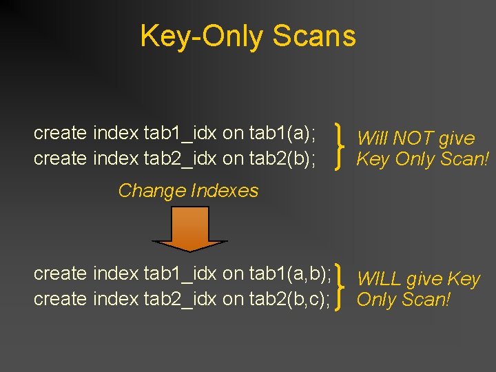 Key-Only Scans create index tab 1_idx on tab 1(a); create index tab 2_idx on Key-Only Scans create index tab 1_idx on tab 1(a); create index tab 2_idx on