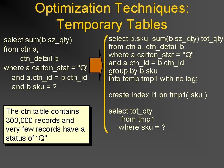 Optimization Techniques: Temporary Tables select sum(b. sz_qty) from ctn a, ctn_detail b where a. Optimization Techniques: Temporary Tables select sum(b. sz_qty) from ctn a, ctn_detail b where a.