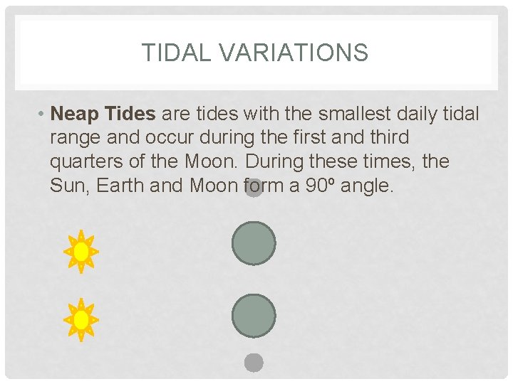 TIDAL VARIATIONS • Neap Tides are tides with the smallest daily tidal range and TIDAL VARIATIONS • Neap Tides are tides with the smallest daily tidal range and