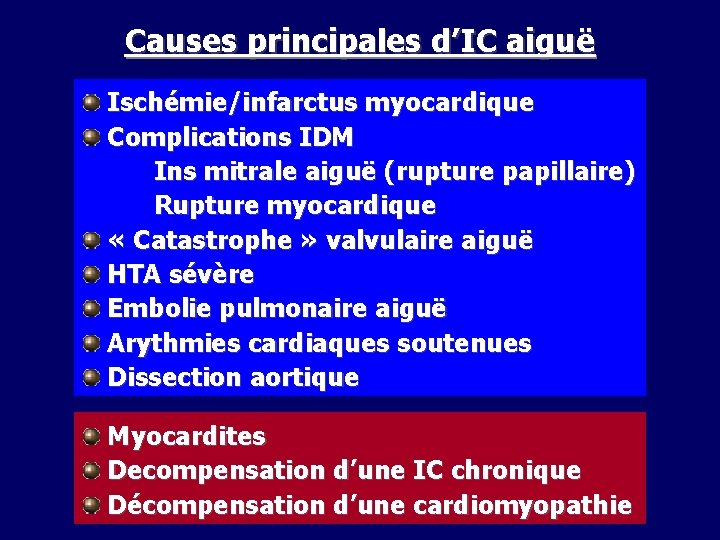 Causes principales d’IC aiguë Ischémie/infarctus myocardique Complications IDM Ins mitrale aiguë (rupture papillaire) Rupture