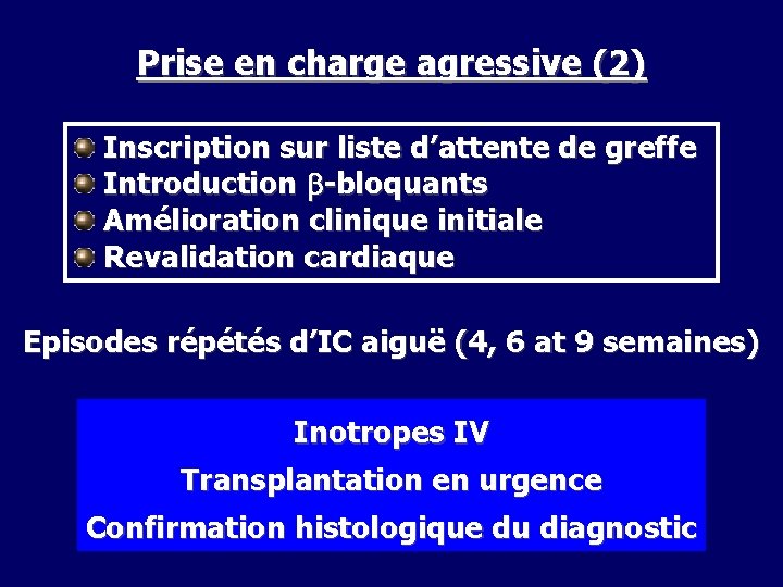 Prise en charge agressive (2) Inscription sur liste d’attente de greffe Introduction b-bloquants Amélioration