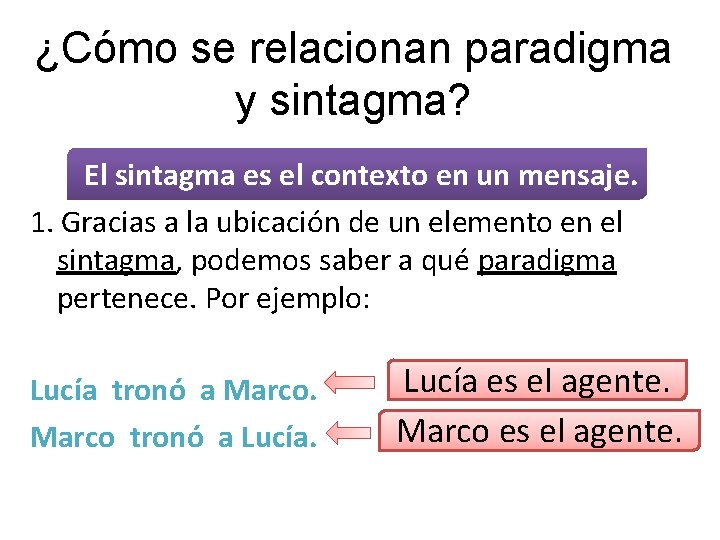 ¿Cómo se relacionan paradigma y sintagma? El sintagma es el contexto en un mensaje.