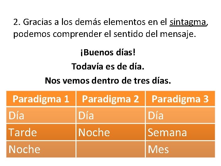 2. Gracias a los demás elementos en el sintagma, podemos comprender el sentido del