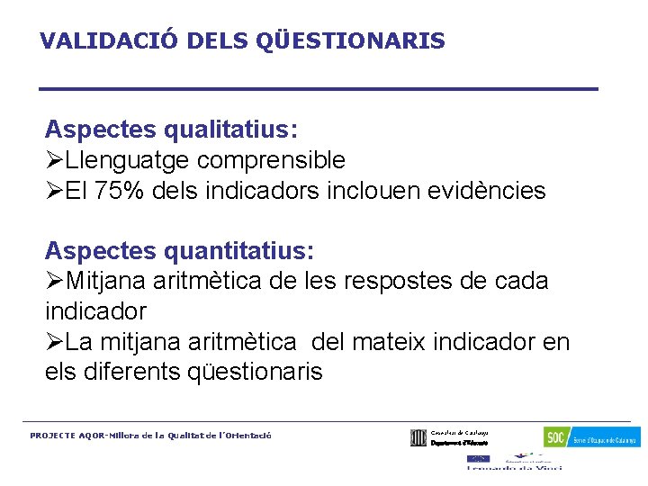 VALIDACIÓ DELS QÜESTIONARIS ________________ Aspectes qualitatius: ØLlenguatge comprensible ØEl 75% dels indicadors inclouen evidències