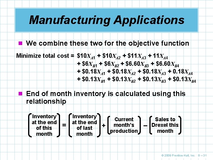Manufacturing Applications n We combine these two for the objective function Minimize total cost