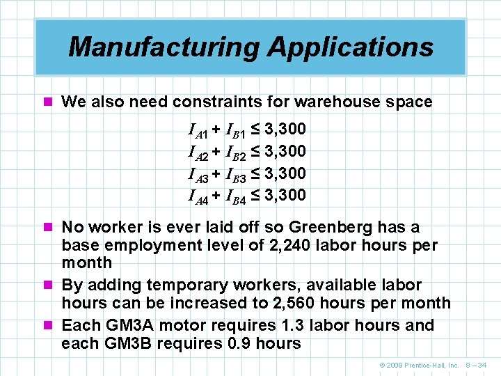 Manufacturing Applications n We also need constraints for warehouse space IA 1 + IB