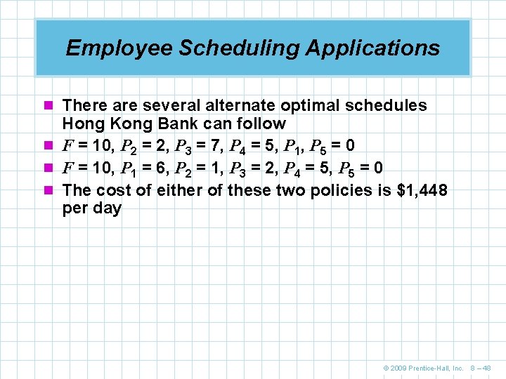 Employee Scheduling Applications n There are several alternate optimal schedules Hong Kong Bank can