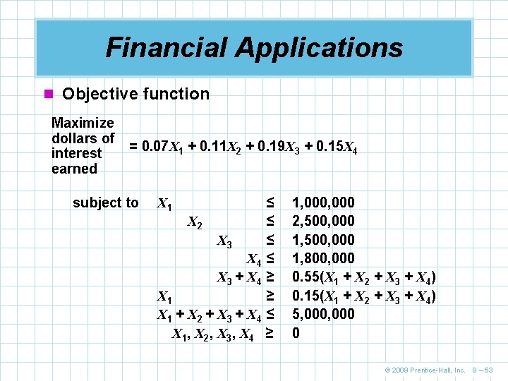 Financial Applications n Objective function Maximize dollars of interest earned = 0. 07 X