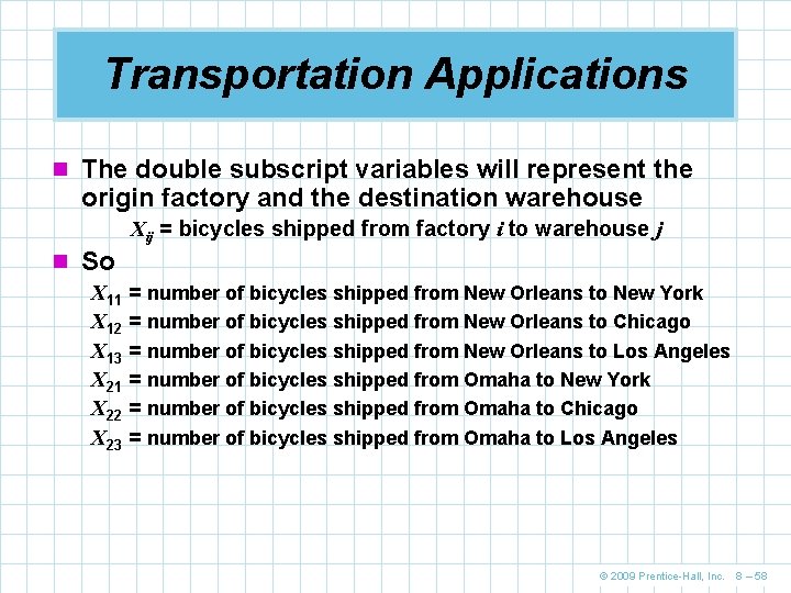 Transportation Applications n The double subscript variables will represent the origin factory and the