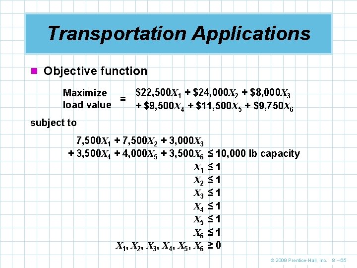 Transportation Applications n Objective function $22, 500 X 1 + $24, 000 X 2