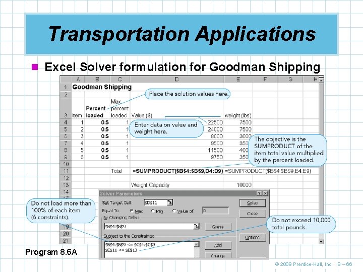 Transportation Applications n Excel Solver formulation for Goodman Shipping Program 8. 6 A ©