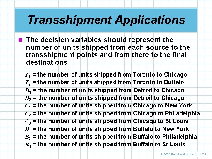 Transshipment Applications n The decision variables should represent the number of units shipped from