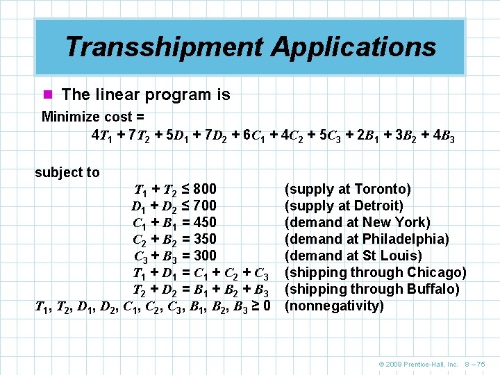 Transshipment Applications n The linear program is Minimize cost = 4 T 1 +