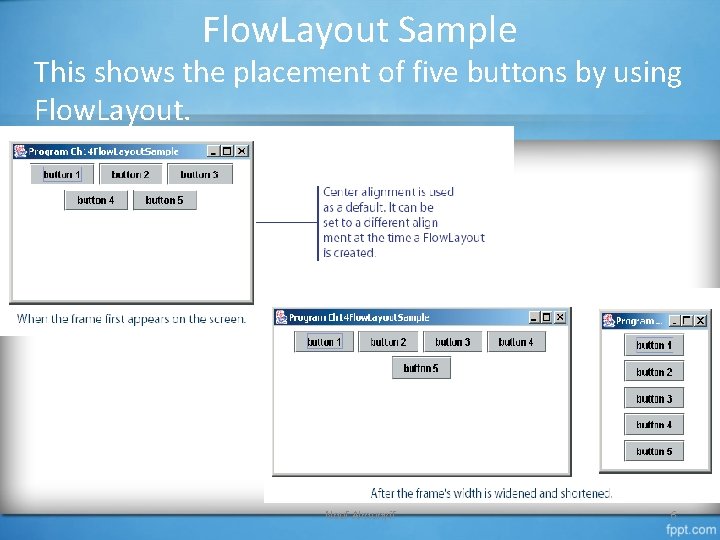 Flow. Layout Sample This shows the placement of five buttons by using Flow. Layout.
