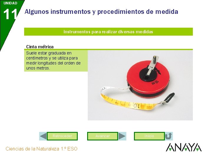 UNIDAD 11 Algunos instrumentos y procedimientos de medida Instrumentos para realizar diversas medidas Cinta