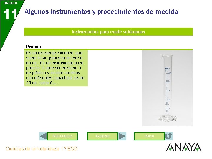 UNIDAD 11 Algunos instrumentos y procedimientos de medida Instrumentos para medir volúmenes Probeta Es