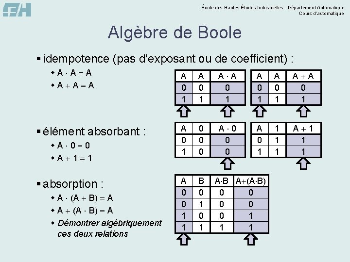 École des Hautes Études Industrielles - Département Automatique Cours d’automatique Algèbre de Boole §