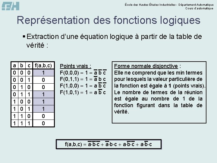 École des Hautes Études Industrielles - Département Automatique Cours d’automatique Représentation des fonctions logiques