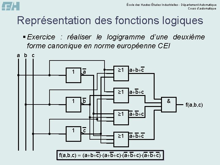 École des Hautes Études Industrielles - Département Automatique Cours d’automatique Représentation des fonctions logiques