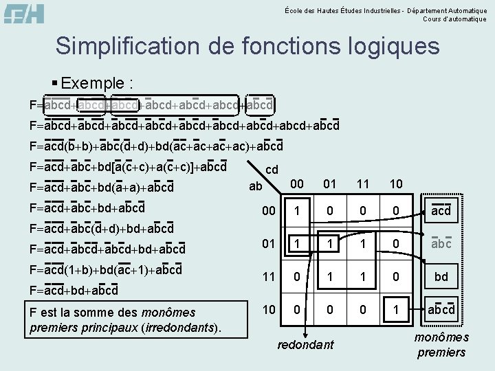 École des Hautes Études Industrielles - Département Automatique Cours d’automatique Simplification de fonctions logiques