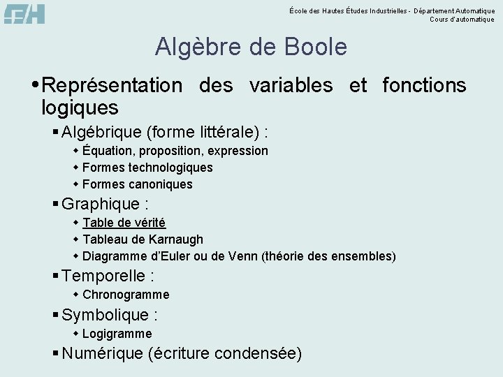 École des Hautes Études Industrielles - Département Automatique Cours d’automatique Algèbre de Boole Représentation