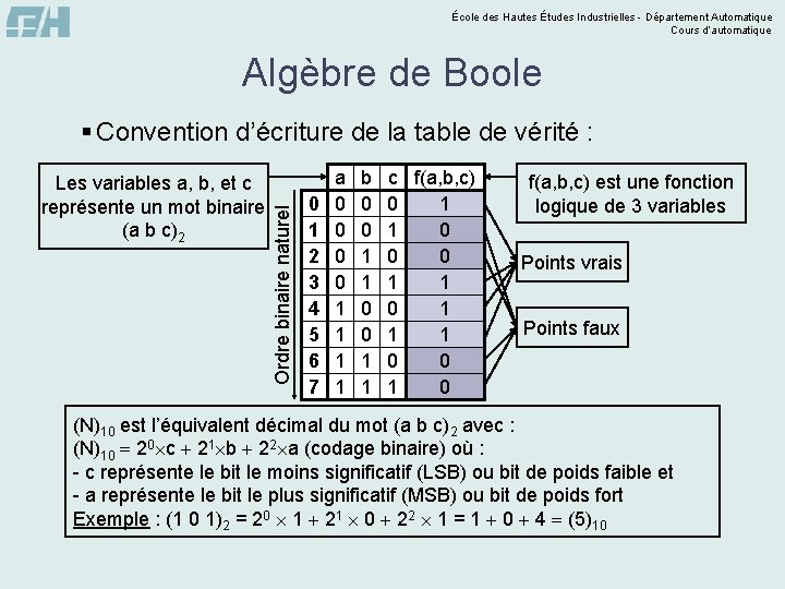 École des Hautes Études Industrielles - Département Automatique Cours d’automatique Algèbre de Boole Les