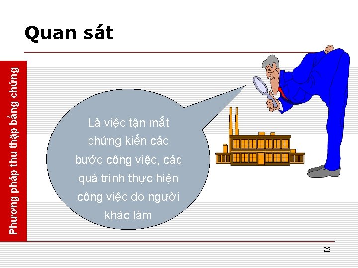 Phương pháp thu thập bằng chứng Quan sát Là việc tận mắt chứng kiến