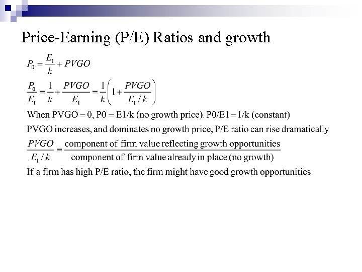 Price-Earning (P/E) Ratios and growth 