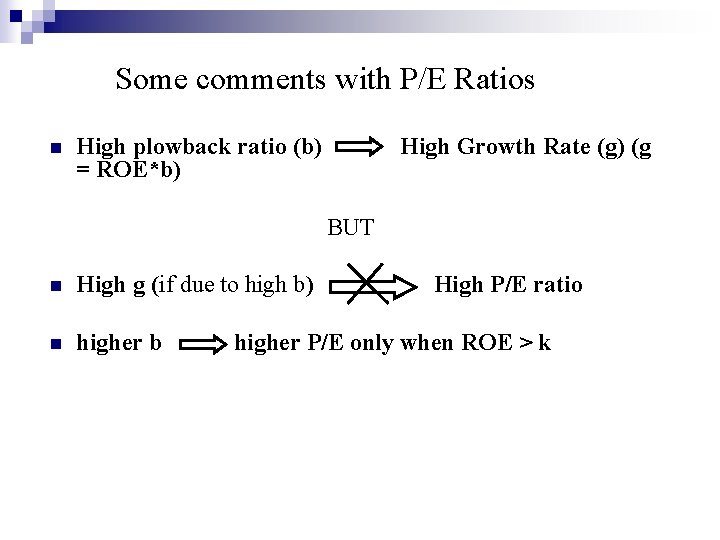 Some comments with P/E Ratios n High plowback ratio (b) = ROE*b) High Growth