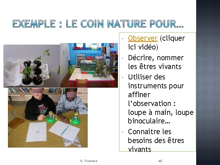  E. Touchard Observer (cliquer ici vidéo) Décrire, nommer les êtres vivants Utiliser des