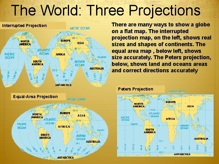 The World: Three Projections Interrupted Projection There are many ways to show a globe The World: Three Projections Interrupted Projection There are many ways to show a globe