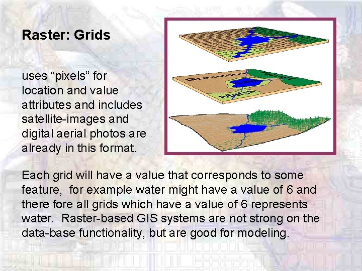 Raster: Grids uses “pixels” for location and value attributes and includes satellite-images and digital