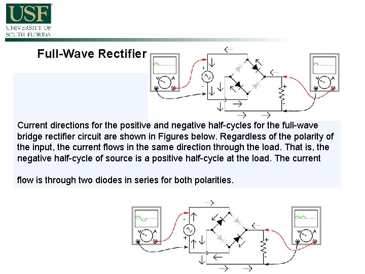 Full-Wave Rectifier Current directions for the positive and negative half-cycles for the full-wave bridge