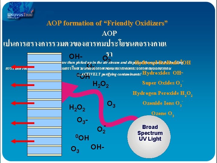 AOP formation of “Friendly Oxidizers” AOP เปนการสรางการรวมตวของสารทมประโยชนตอรางกายเ รา OHO 2 0 OH These oxidizers AOP formation of “Friendly Oxidizers” AOP เปนการสรางการรวมตวของสารทมประโยชนตอรางกายเ รา OHO 2 0 OH These oxidizers